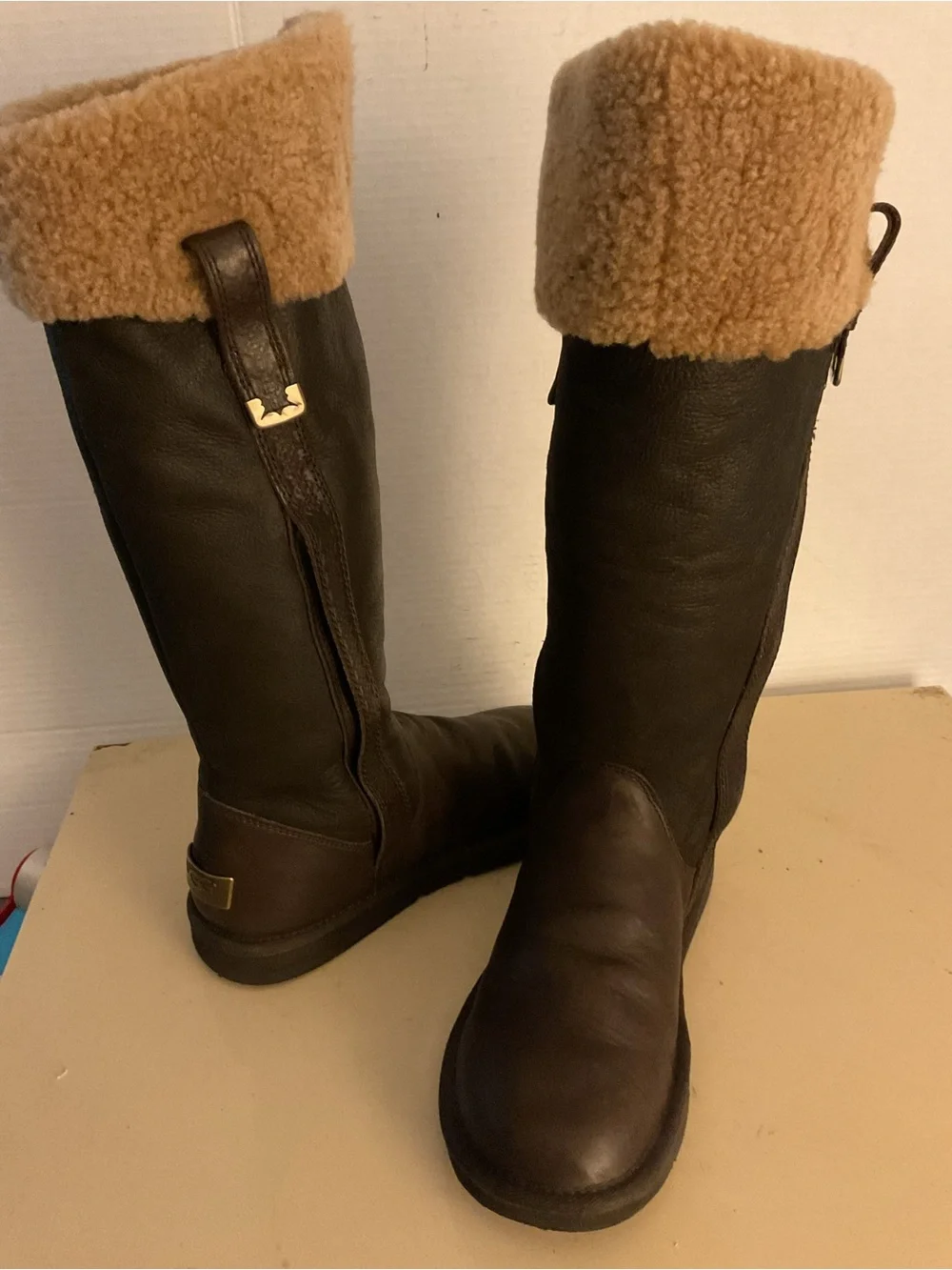 UGG women brown leather sheepskin tall sheepskin tall knee high Locarno boots 8